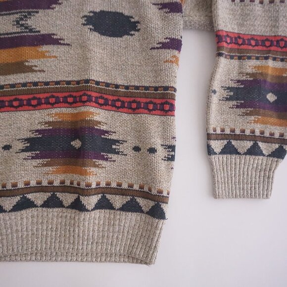 Vintage '90s London Fog Taupe Purple Aztec Cotton Crewneck Knit Sweater Large - Picture 4 of 10